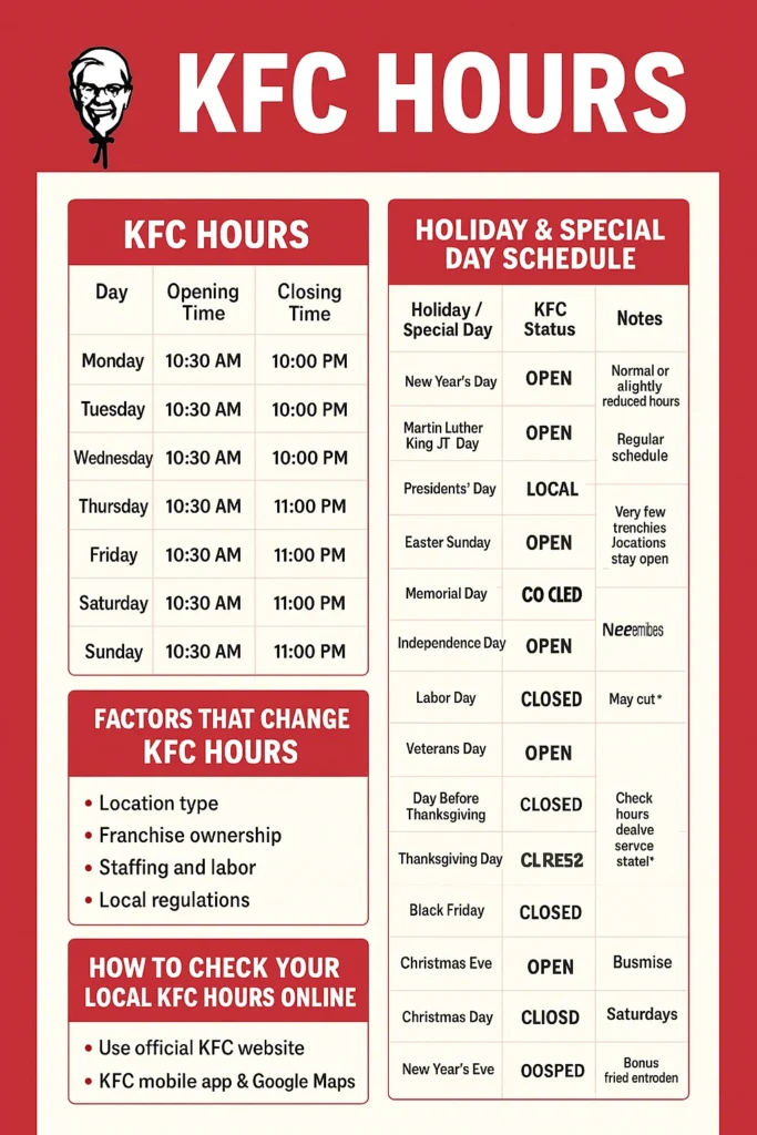 KFC Hours: When does KFC Open & Close in 2025? 2 A detailed infographic explaining KFC hours, including opening and closing times, weekday schedule, weekend hours, holiday hours chart, factors affecting store timings, and tips to check local KFC hours using the app, website, and Google Maps.
