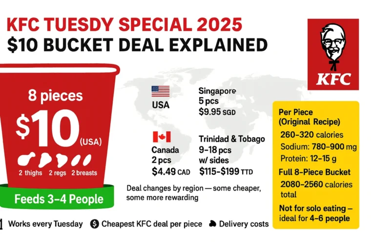 KFC Tuesday Special Price & Calories 2025 2 Infographic showing the KFC Tuesday Special 2025 deal featuring an 8-piece $10 chicken bucket, regional pricing variations for USA, Canada, Singapore, Trinidad & Tobago and nutrition details for calories, sodium, and protein with the official KFC logo in the corner.