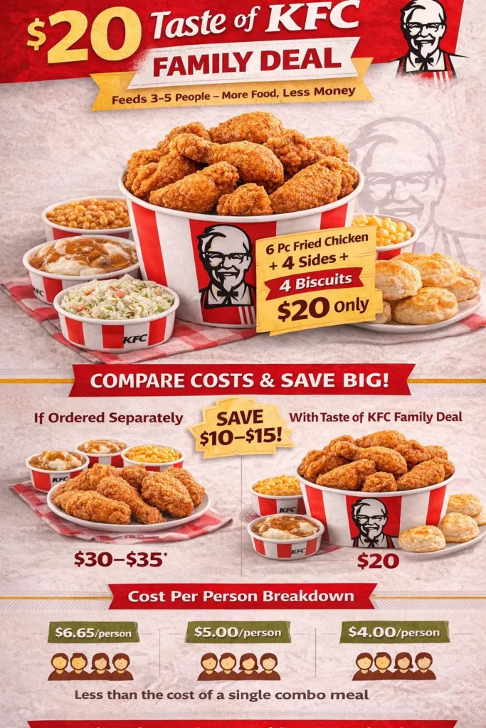 Save Big with KFC Family Deal: Complete Menu Guide 2026 7 Infographic showcasing KFC’s $20 Taste of KFC 6 Pc Family Deal with 6 pieces of fried chicken, 4 sides, 4 biscuits, savings, and cost per person breakdown.