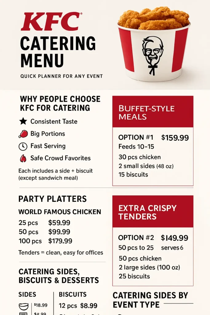 KFC Catering Menu: A Complete Guide for Easy Event Planning 2026 2 KFC Catering Menu infographic in portrait style with red-white branding, showcasing buffet-style meals, party platters, crispy tenders, sides, biscuits, and pricing in a clean, professional promotional layout.
