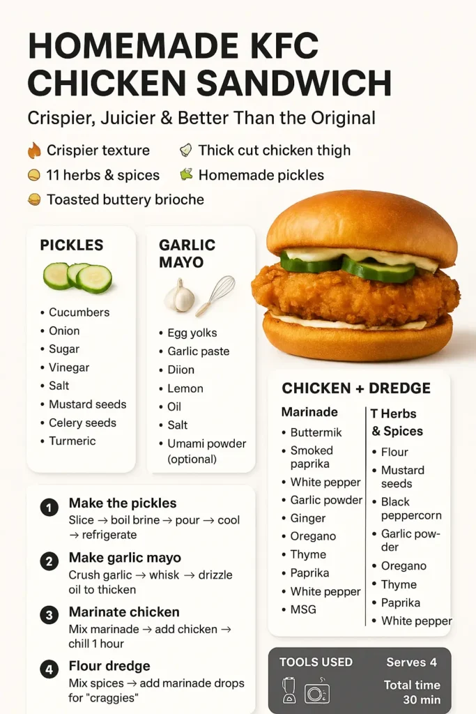 KFC Chicken Sandwich Price, Calories & Recipe 2026 7 Portrait-style recipe infographic showing a homemade KFC chicken sandwich with crispy fried chicken, pickles, and toasted brioche bun. The design includes ingredient sections for pickles, garlic mayo, and chicken dredge, along with step-by-step cooking instructions and icons for tools used. Professional, clean layout meant for a food blog recipe