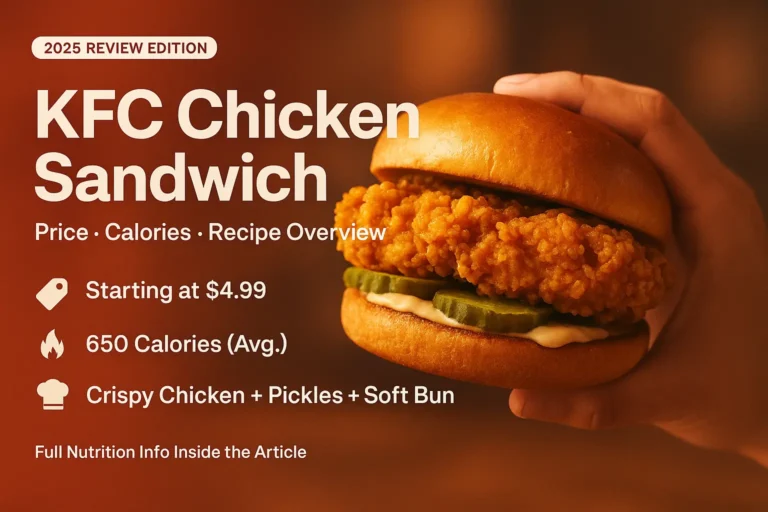 KFC Chicken Sandwich Price, Calories & Recipe 2026 6 KFC Chicken Sandwich held in hand beside bold text showing price, calories, and recipe overview on a red background, used as a feature image for an article.