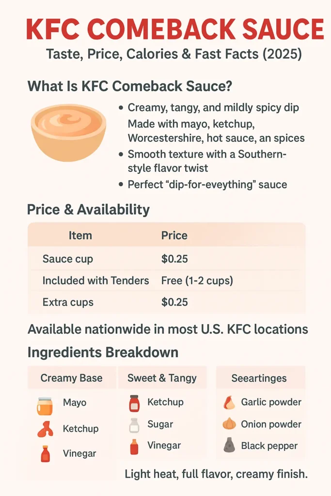 KFC Comeback Sauce Taste, Price, Calories & Recipe 2026 3 Infographic summarizing KFC Comeback Sauce with sections for taste, price, ingredients, nutrition facts, and pairings, presented in a clean portrait layout with icons and red accents.