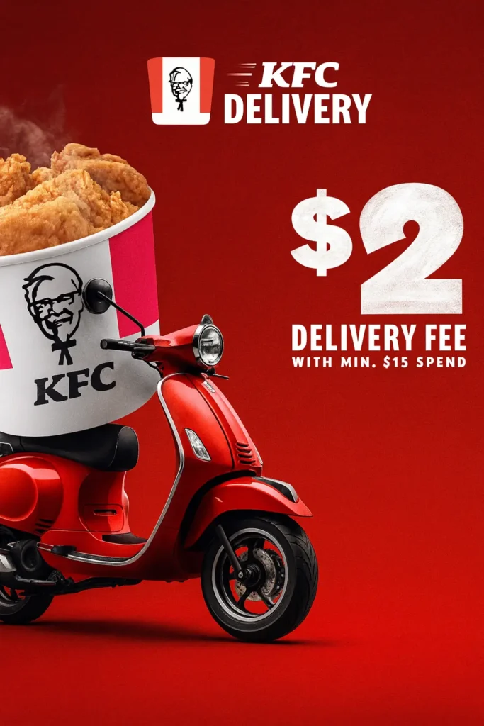 KFC Delivery Fee & Time | Find a Location Near Me 2 KFC delivery advertisement featuring a large bucket of fried chicken placed on a red scooter against a solid red background, with bold text showing a $2 delivery fee and minimum spend requirement.