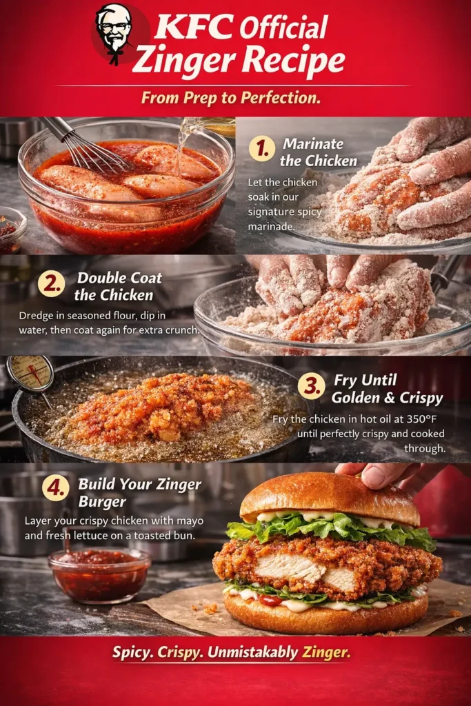 Is KFC Zinger in US? KFC Official Recipe 2026 Explained 8 Official KFC Zinger Recipe shown in a vertical step-by-step image, featuring chicken marinated in spicy seasoning, double-coated in flour, fried until golden and crispy, and assembled into a classic Zinger burger with lettuce and mayonnaise.