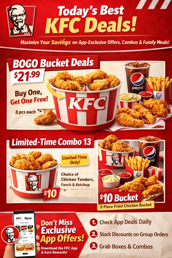 Latest KFC Deals 2026 | KFC Bucket Specials Today & Meal Deals 10 Infographic showcasing the latest KFC deals with KFC branding. Features a BOGO 8-piece fried chicken bucket for $21.99, $10 8-piece bucket, and Combo 13 meal with chicken tenders, fries, and drink. Highlights app-exclusive offers with KFC app download icon. Includes KFC logo, red and white theme, promotional text, and marketing call-to-action badges.