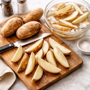 KFC Potato Wedges Availability, Price, Recipe, Review 2026 7 Wash and scrub potatoes thoroughly. Leave skins on. Slice each potato lengthwise into halves, then quarters (or eighths for large potatoes). Aim for 1–1.5 inch thick wedges. Soak wedges in a large bowl of ice-cold water for 30 minutes. Drain and pat dry. (Optional but recommended for extra crispiness.)