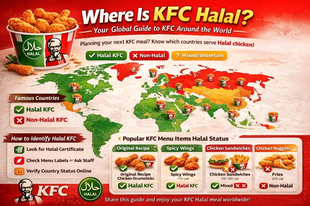Is KFC Halal in USA, UK, Canada? 2 Landscape infographic showing a world map with countries color-coded for KFC Halal status: green for Halal, red for non-Halal, yellow for mixed. Includes KFC bucket icons on countries, popular menu items with Halal checkmarks and non-Halal crosses, and a 3-step guide to identify Halal KFC. Footer shows KFC logo, Halal certification logo, and a call-to-action encouraging sharing. Bold, easy-to-read fonts with appetizing food visuals. This image is answering the question, "is KFC Halal"