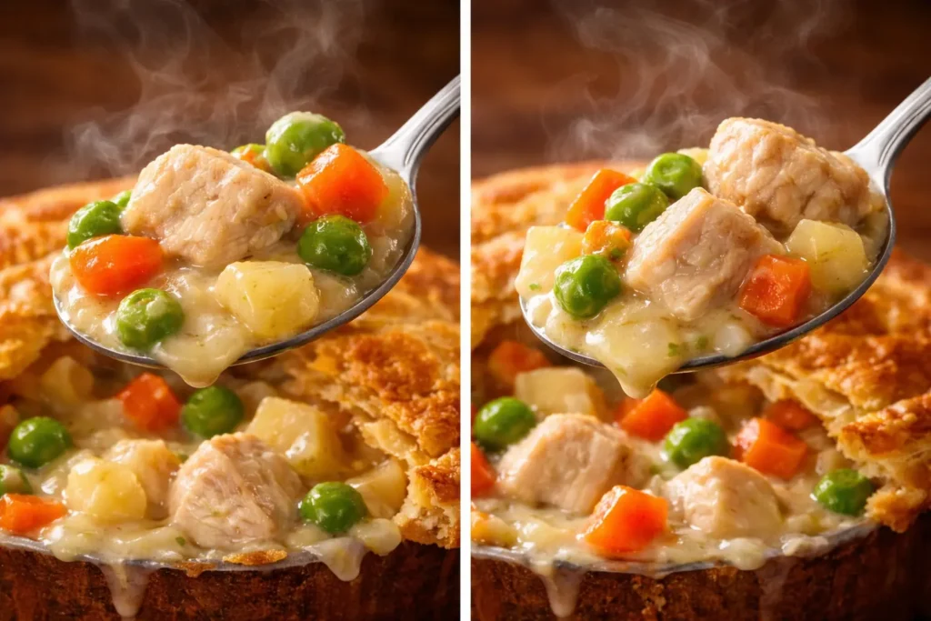KFC Chicken Pot Pie Copycat Recipe, Price & Reviews 2026 6 ose-up of a spoon holding creamy KFC chicken pot pie filling with chunked chicken, peas, carrots, and potatoes, steam rising