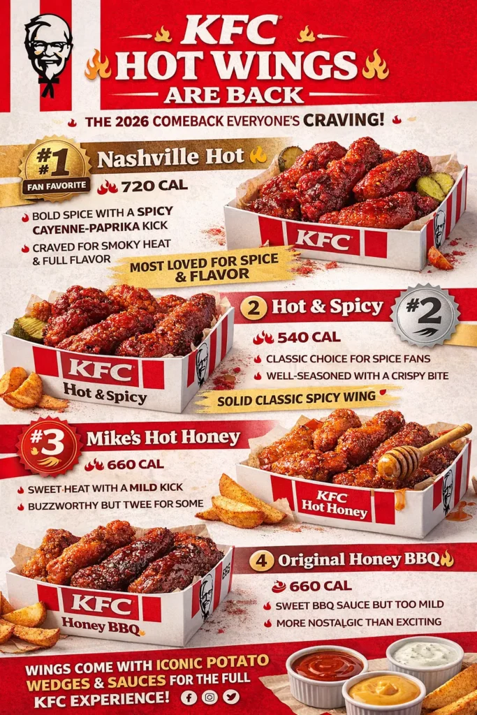 KFC Hot Wings Comeback Flavors and Ranking in 2026 7 KFC Hot Wings comeback 2026 infographic showing Nashville Hot, Hot & Spicy, Mike’s Hot Honey, and Original Honey BBQ wings ranked from best to worst, displayed in KFC branded boxes with calorie counts, potato wedges, and dipping sauces on a red KFC background