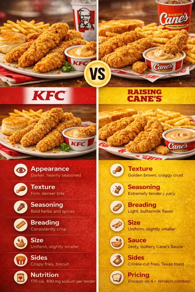New Original Recipe KFC Chicken Tenders: Are They Better Than Cane’s? 17 Infographic comparing Original Recipe KFC chicken tenders and Raising Cane’s chicken fingers including texture, seasoning, nutrition, sides, and pricing details