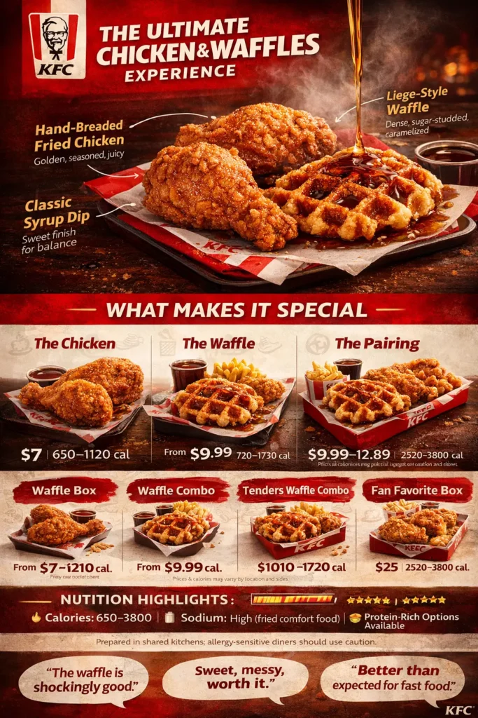 KFC Chicken and Waffles Prices, Calories 2026 10 Landscape infographic for KFC Chicken and Waffles showcasing hero food images of fried chicken, Liege-style waffles, and syrup cups. Infographic includes multiple meal options with prices ($7–$25) and calorie ranges (650–3800 cal). Sections highlight 'The Chicken,' 'The Waffle,' 'The Pairing,' Waffle Box, Waffle Combo, Tenders Waffle Combo, and Fan Favorite Box. Nutrition highlights include calories, sodium, and protein. Social proof quotes like 'The waffle is shockingly good' are displayed. Branded with KFC red, white, and gold colors and Colonel Sanders logo for an official, appetizing marketing presentation.