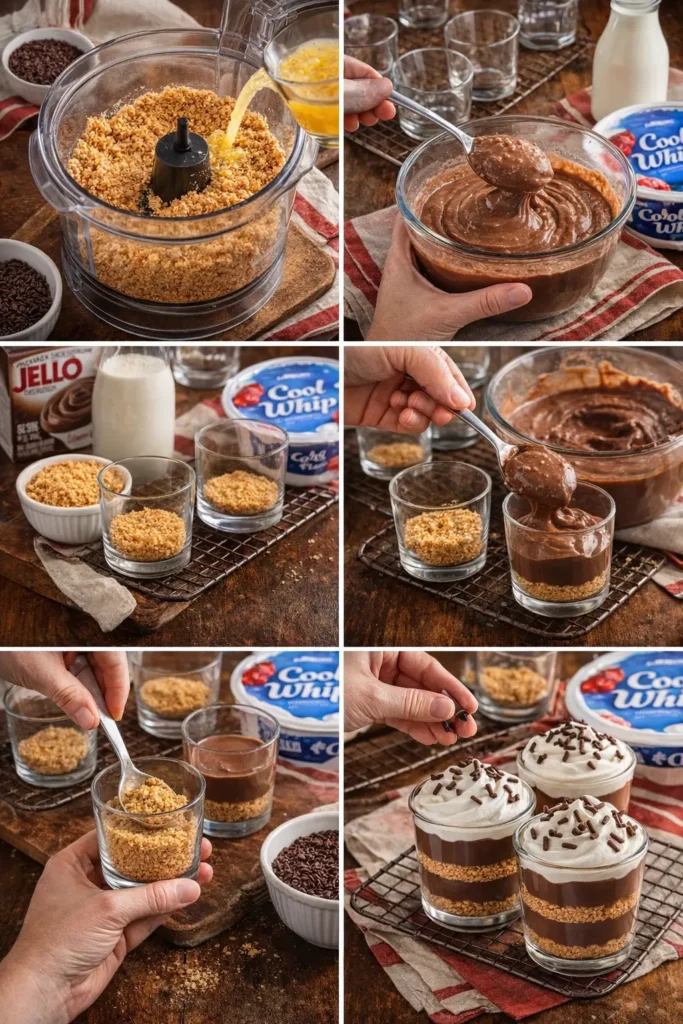 KFC Desserts Menu & Chocolate Parfaits Recipe 2026 9 Step 1: Crushing graham crackers and mixing with melted butter in a food processor to prepare the base for KFC-style chocolate parfaits. Step 2: Whisking instant chocolate pudding with whole milk until smooth and creamy for a homemade KFC chocolate parfait recipe. Step 3: Pressing buttery graham cracker crumbs into the bottom of small glass cups to form the first layer of chocolate parfaits. Step 4: Pouring thick chocolate pudding over graham cracker crumbs to create the middle layer of a KFC-style chocolate parfait. Step 5: Finished KFC copycat chocolate parfaits layered with graham cracker crumbs, chocolate pudding, whipped topping, and chocolate sprinkles.