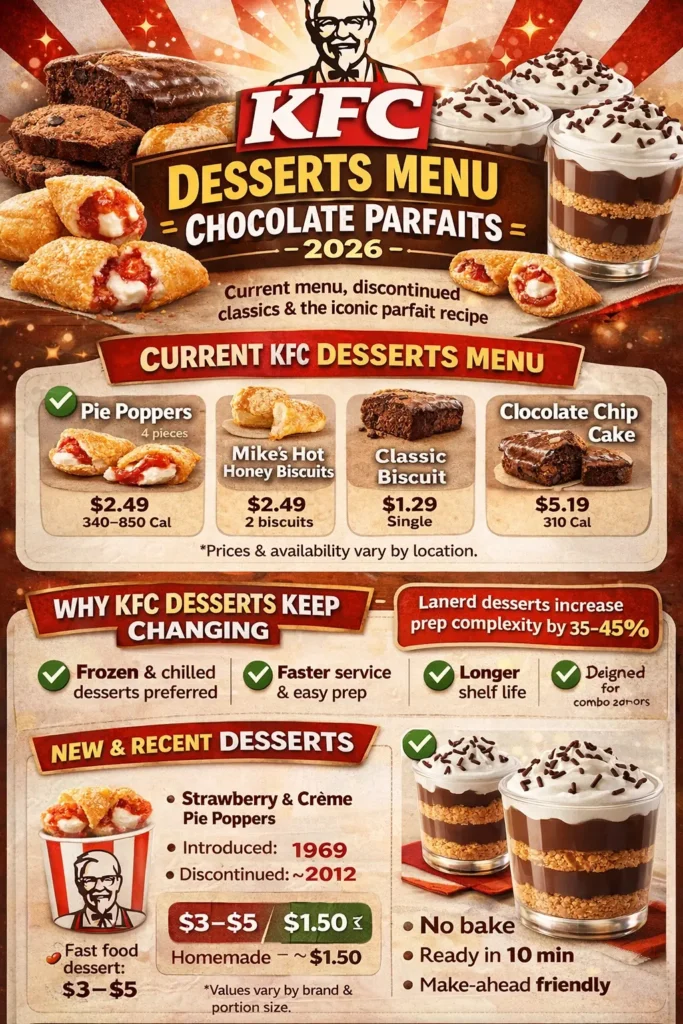 KFC Desserts Menu & Chocolate Parfaits Recipe 2026 8 Infographic summarizing the 2026 KFC desserts menu, including Pie Poppers, Chocolate Chip Cake, and chocolate parfaits with key calorie and serving information.