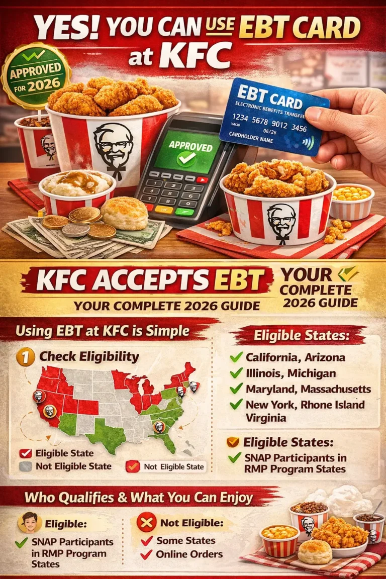 Does KFC Accept EBT in 2026? Learn How to Use KFC EBT Card 2 Informative infographic titled ‘KFC Accepts EBT: Your Complete Guide,’ showing steps to use EBT at KFC, accepted menu items, and promotional highlights with visually engaging graphics.