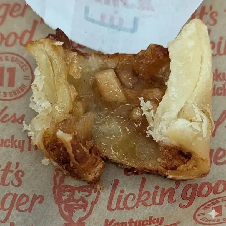 KFC Apple Pie Poppers Review – Are They Better Than the Classic? 3 A high-detail, square-cropped close-up of a single, broken-open KFC apple pie popper sitting on brown "Kentucky Fried Chicken" branded parchment paper. The image highlights a golden-brown, flaky pastry crust with visible layers, filled with a warm, syrupy center containing chunks of cooked apples and a dusting of cinnamon.