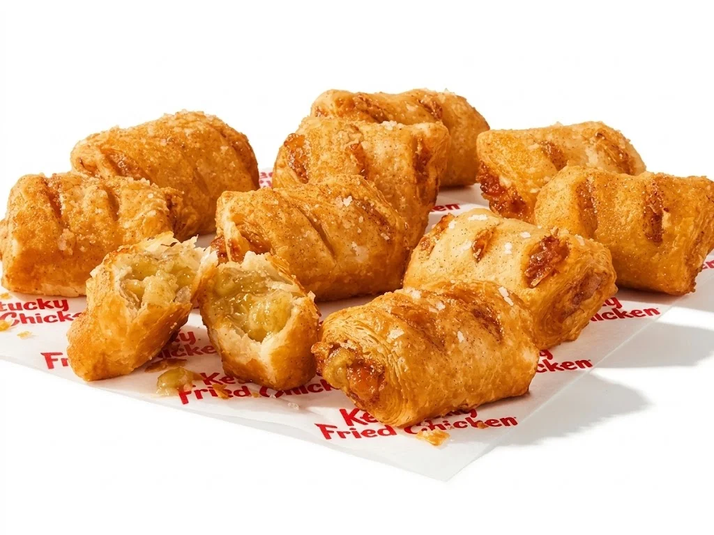 KFC Pie Poppers Flavors, Price and Calories 2026 3 A professional food photography shot of a pile of golden-brown KFC apple pie poppers resting on a white and red "Kentucky Fried Chicken" logo sheet against a plain white background. One popper in the foreground is broken in half to reveal a gooey apple cinnamon filling, while the others showcase a crisp, sugary-dusted crust with distinct pastry ridges.