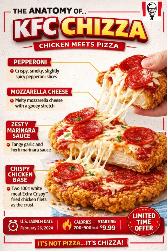 "It's Not Pizza, It's KFC Chizza" Complete Guide to Ingredients, Nutrition, Taste, and Price 2026 2 Infographic explaining the ingredients of KFC Chizza including crispy chicken base, mozzarella cheese, marinara sauce, and pepperoni toppings.