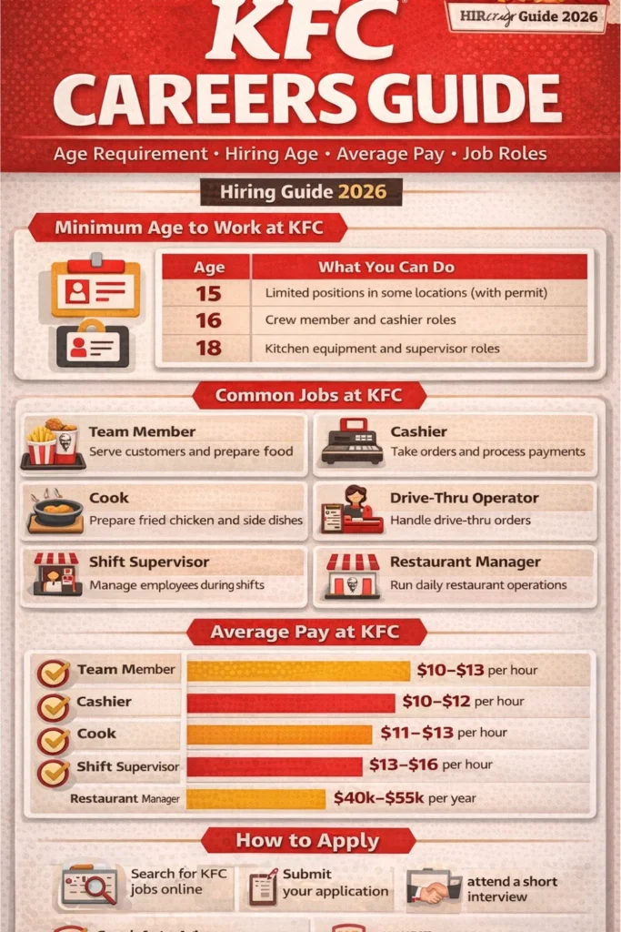 KFC Career, Job Roles & Average Pay Guide 2026 2 Vertical infographic titled 'KFC Careers Guide' showing age requirements, common job roles, average pay, and application process at KFC, designed with KFC’s signature red, white, and beige colors and illustrated icons for each role.