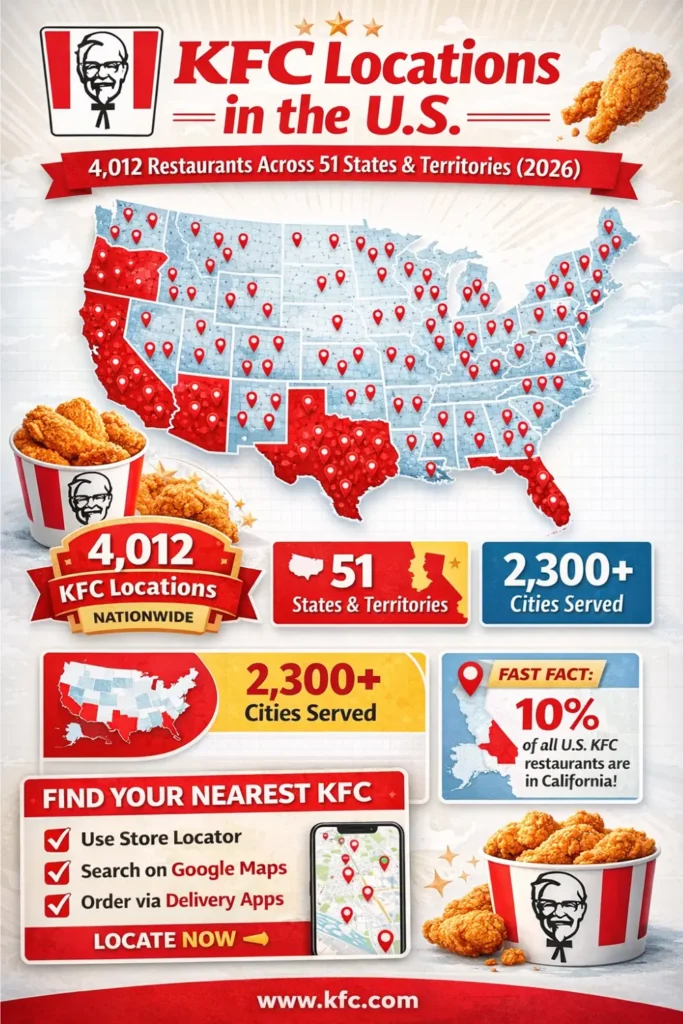 Find the nearest KFC location near you in 2026 2 Promotional infographic showing KFC locations in the U.S., with 4,012 restaurants nationwide, 2,300+ cities served, California highlighted, and tips to find the nearest KFC via store locator, Google Maps, or delivery apps.