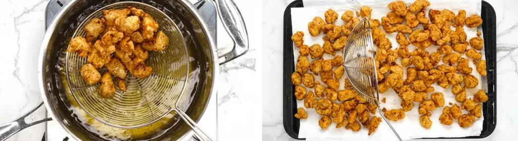 KFC Popcorn Chicken Recipe, Price & Calories 2026 14 Add chicken carefully into hot oil
Fry in small batches
Cook for 2 to 2.5 minutes until golden and crispy
Stir halfway to prevent sticking