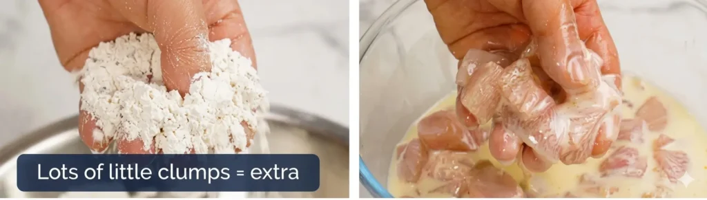 KFC Popcorn Chicken Recipe, Price & Calories 2026 9 Take 3 tablespoons of marinade from the chicken.
Drizzle it into the flour mixture.
Rub it in to form small clumps.
These clumps create extra crunch.