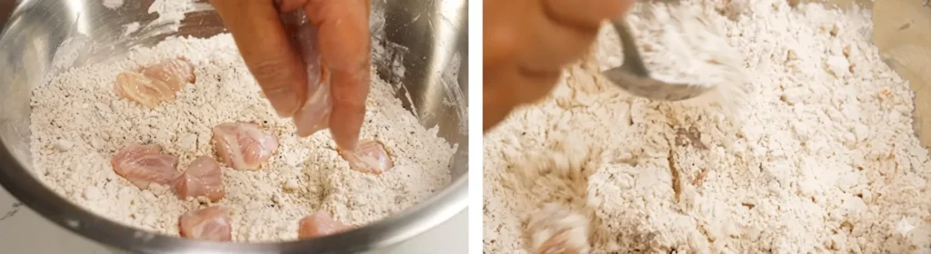 KFC Popcorn Chicken Recipe, Price & Calories 2026 10 Use one hand for wet (chicken) and one for dry (flour).
Pick up chicken and let excess marinade drip off.
Spread chicken over the flour mixture.
Spoon flour over it, then toss and press gently.
Shake off excess flour.